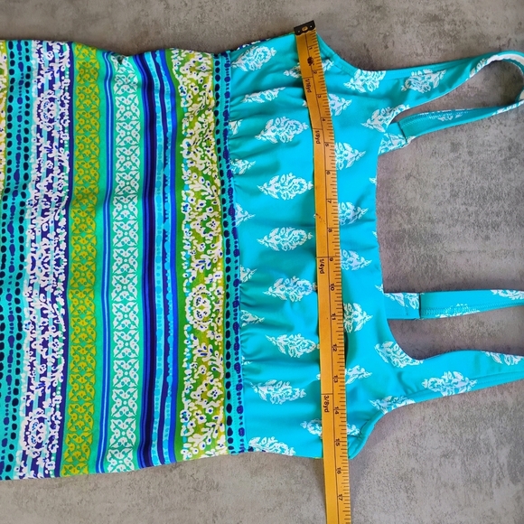 Lands End Tankini Swim Top Womens 10D Turquoise‎ Blue Striped Shelf Bra Support - Picture 8 of 9